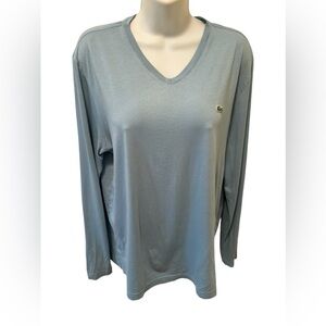 Lacoste Women’s V Neck Long Sleeve Tee Logo Sz L/5 Teal 100% Pima Cotton Soft